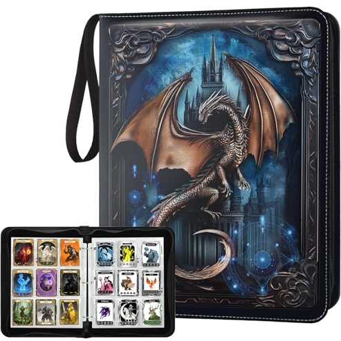 TWINKLEMON Sammelalbum mit 9 Taschen für 1008 Karten, Sammelalbum Dragons & Magic Castles mit Reißverschluss, Leder Aufbewahrungshüllen für Sammelkarten, Spiele und Sport