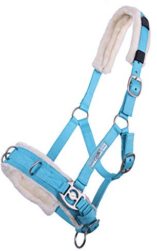 QHP Kappzaum / Halfter-Kombi Kunstfell Polsterung 3 Edelstahl D-Ringe (Warmblut, Sky)