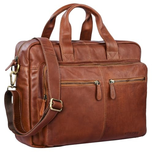 STILORD Leandro Ledertasche Herren Laptoptasche 15.6 Zoll braune Messenger Bag multifunktional tragbar als Handtasche Umhängetasche Trolley Aufsatz Vintage Leder Farbe:Cognac - braun