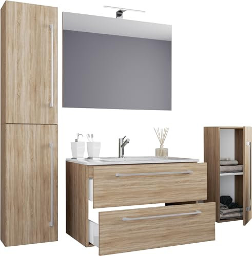 VCM 5-TLG. Set | 1 Waschtisch mit Zwei Schubladen, 1 Spiegel, 1 Waschbecken, 1 Midischrank, 1 Hochschrank | Keramik Waschbecken | hängend Unterschrank 60 cm | Badmöbel Set Waschplatz – Badinos