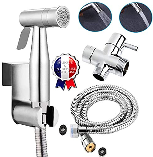 BbfStyle - Marque Française - SUS 304 Double Jet - Standard Français (3/8) - Kit douchette WC pour l'hygiène intime avec Vanne 3 voies - Métallique - Finition Nickel Brossé - Taharet Taharat