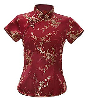 ACVIP Haut Qipao en brocart à fleurs de prunier pour femme, col montant, manches courtes, chemisier chinois, bordeaux, 46-48