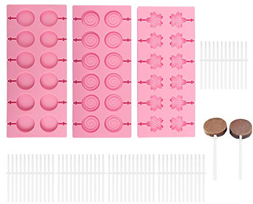 Paquet de 3 moules à sucettes en silicone, moule à bonbons durs au chocolat Bonbons durs de 12 cavités rondes avec cavité, 12 cavités, avec 60 bâtonnets