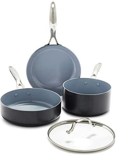 GreenPan Valencia Pro Set di pentole e padelle 4 pezzi in ceramica antiaderente anodizzata dura, senza PFAS, induzione, lavabile in lavastoviglie, forno, grigio
