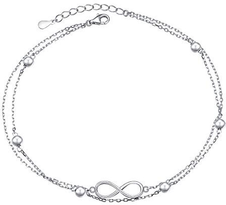 Fußkette für Damen Frauen Mädchen S925 Sterling Silber Verstellbare Fußperlen Infinity Knöchel Armband Fußkettchen 10 11 Zoll (Geschichtete Unendlichkeit 10+1)
