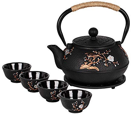 Cast Iron Teapot with Tea Cups Trivet Japanese Style Tetsubin Tea Kettle with Infuser Iron Tea Set Gift for Adult Father Mother Family (Black,Magpie on the Plum Design)