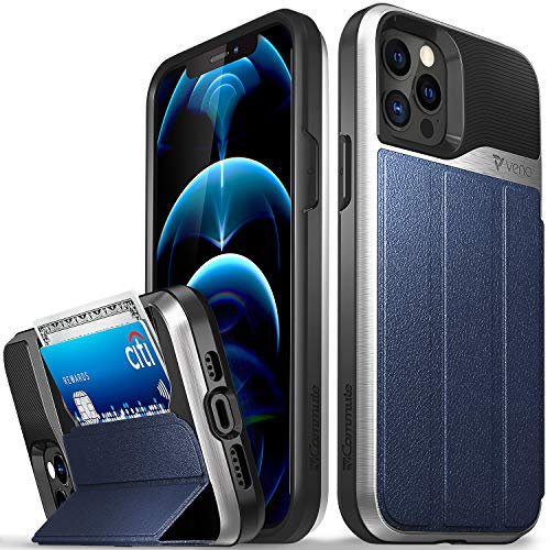 VENA vCommute Wallet Case Compatible with Apple iPhone 12 / iPhone 12 Pro (6.1-inch), (Military Grade Drop Protection) Flip Leather Cover Card Slot Holder with Kickstand - Blue