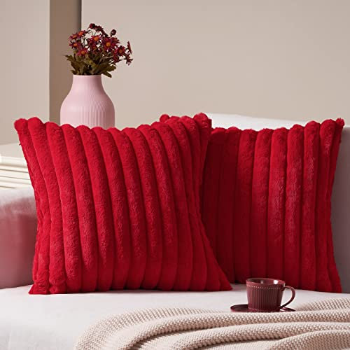 Topfinel Kissenbezug 45x45 Weihnachten rot 2er Set Kunstfell super weich Kuschelkissen Dekorative Kissenbezüge Kissenhülle mit verdecktem Reißverschluss Sofakissen für Sofa Schlafzimmer Wohnzimmer