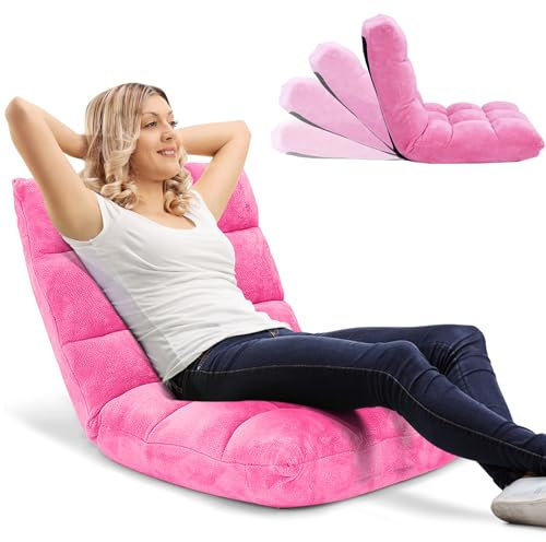 RELAX4LIFE Fauteuil Bas Multiposition Réglable en 14 Angles, Chauffeuse Convertible Fauteuil Paresseux 1 Place Adulte Rembourré Charge 120kg, 105x57x15CM(Molleton de Corail, Rose)