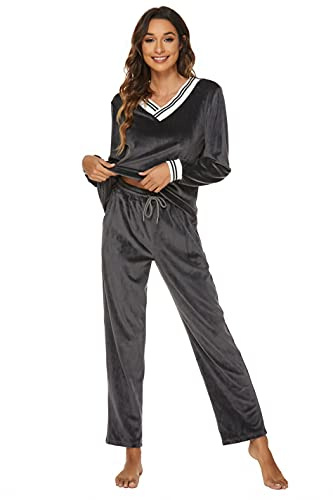 Ietaoo Completo Sportivo Donna Tute da Ginnastica da Donna Inverno Velluto 2 Pezzi Homewear Scollo a V Pullover + Pantaloni Tute Sportiva Casa Pigiama Set Grigio XXL