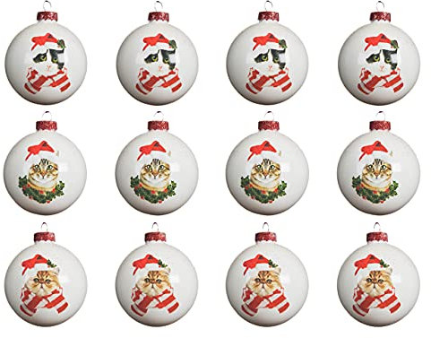 Decoris Weihnachtskugeln mit Motiven Glas 8cm x 12 Stück Katzen Weihnachtskostüm Christbaumkugeln weiß
