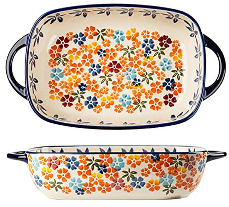 Bicuzat Coloridas flores de cerezo estilo vintage cerámica utensilios para hornear plato cazuela bandeja para hornear Lasaña sartenes con asas para horno/cocina/cocina, 1 unidad, 6 onzas