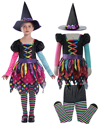 Sincere Party Mädchen Halloween Hexe Kostüm,Deluxe Adorable Neon Bunte Hexe Fancy Kleider mit Zubehör für Mädchen
