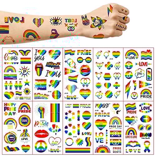 10 Blatt LGBT Gay Pride Rainbow Temporäre Tattoos, Regenbogen-Herz-Tattoos-Aufkleber, wasserdicht, Regenbogenflagge, Körperbemalung, Aufkleber für schwule Lesben, Feiern, Geburtstagsfeiern