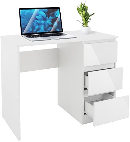ML-Design Schreibtisch mit 3 Schubladen, 90x76x50 cm, Weiß, Schubladenfronten in Hochglanz, viel Stauraum, Arbeitstisch Bürotisch Computertisch Büromöbel Laptoptisch PC Tisch, für Heim und Büro