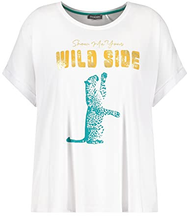Samoon Damen T-Shirt mit Animal-Print mit Ärmelaufschlag, Kurzarm Frontprint White Gemustert. 48