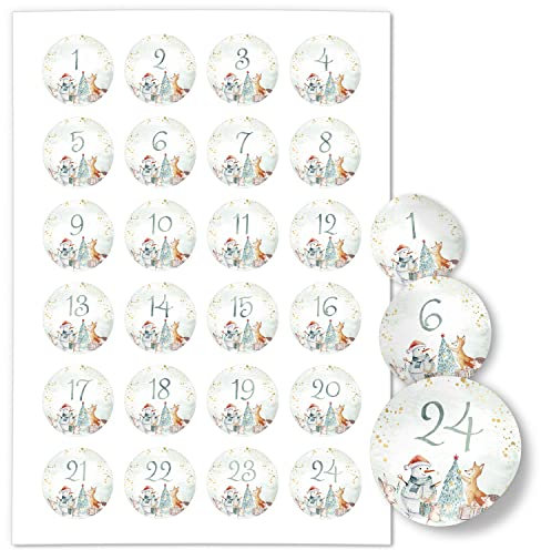 Adventskalender-Zahlen Aufkleber 1 bis 24 / Aquarell Tiere niedlich/Etiketten/Sticker/Weihnachtskalender/Advent/Rund/DIY/zum Aufkleben