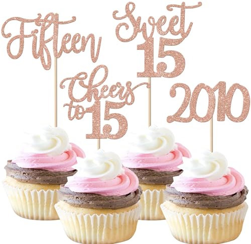 24 Stück 15. Geburtstag Cupcake Toppers Glitter Fifteen seit 2010 Sweet 15 Cupcake Picks Hello 15 Years Birthday Cake Decorations für Happy 15th Birthday Anniversary Party Roségold