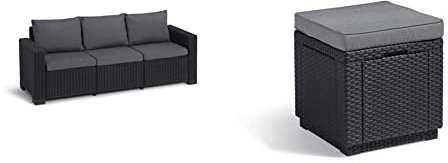 Keter Allibert by Gartenlounge Sofa California 3 Sitzer, Graphit/cool Grey,199 x 68 x 72 cm & Allibert by Cube Hocker mit Stauraum, grau, inkl. Kissen, Deckel abnehmbar, Flache Rattanoptik