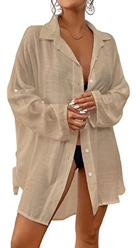 Bsubseach Women Button Down Beach Shirt Cover Up for Swimwear Blouse Tops Apricot