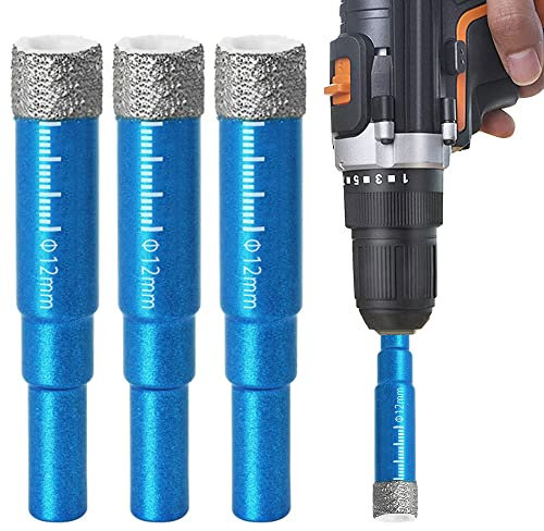 3 Pcs 12mm Diamond Tile Drill Bit Set for Granite, Ceramic, Marble, Stone, Glass - Hard Materials Round Shank Dry Drilling