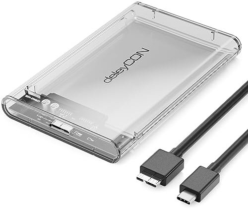 deleyCON USB-C Carcasa para Disco Duro 2,5 Pulgadas - USB 3.1 Gen 1 Caja para Disco Duro Externo para 2,5 (6,35 cm) SATA HDD / SSD de 7 mm y 9 mm - Instalación sin Herramientas - Transparente