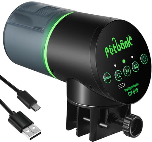 Petbank Aquarium Distributeur Automatique pour Poisson - Nourrisseur de Poissons Rechargeable avec Minuterie et Câble USB, 200ml Distributeur de Nourriture pour Poissons pour Les Vacances