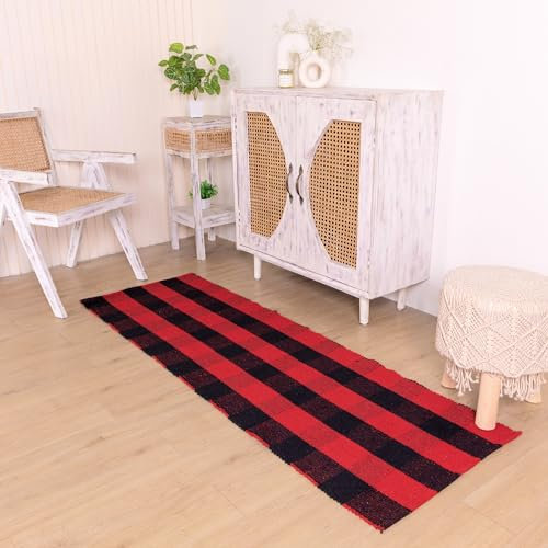 RAJRANG Cotton Buffalo Plaid Teppich 183 x 61 cm weiche Reversible Karierte Innenraumtürmatte Chinese Rot und Schwarz