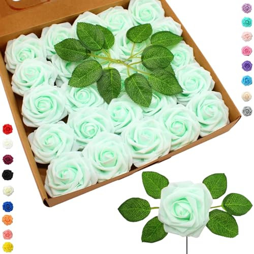 25 pièces Fleurs Artificielles Roses Artificielles Vert Clair,Mousse Faux Roses avec Tiges Décoration Florale pour Anniversaire Mariage Gâteau Fête Jardin Artisanat Douche Nuptiale Saint Valentin