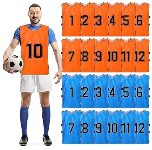 Lot de 24 gilets d'entraînement pour football, basket-ball, football, dossards réversibles numérotés (bleu et orange), bleu/orange, 47 x 70 cm