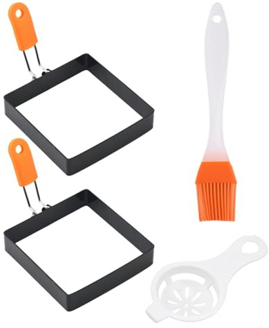 Moules à œufs à frire – Moule de cuisson carré | Ensemble d'anneaux à œufs avec poignée en silicone, anneaux en acier inoxydable, moule de cuisson des œufs pour petit déjeuner, noir, 10 cm