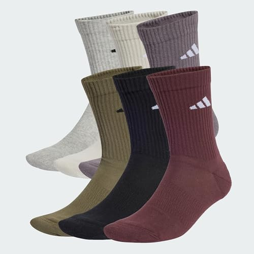 adidas Unisex CUSHIONED CREW SOCKS 6 PAIR PACK, Olive Strata/Grey Strata/Wonder Alumina/Aurora Ruby, 37-40