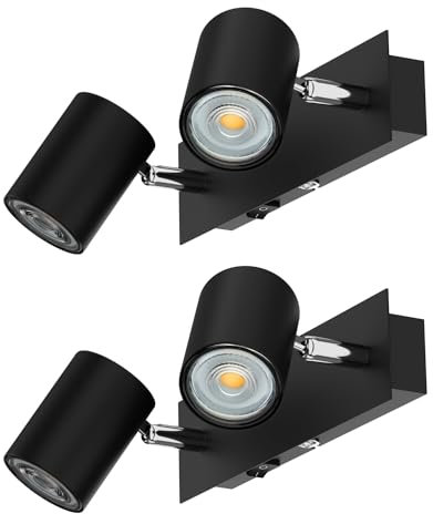 ledscom.de 2 Stück Wandspot WAIKA, zweiflammig, mit Schalter, schwarz matt, inkl. GU10 LED (warmweiß, je 7,6W, 1103lm, 33°)