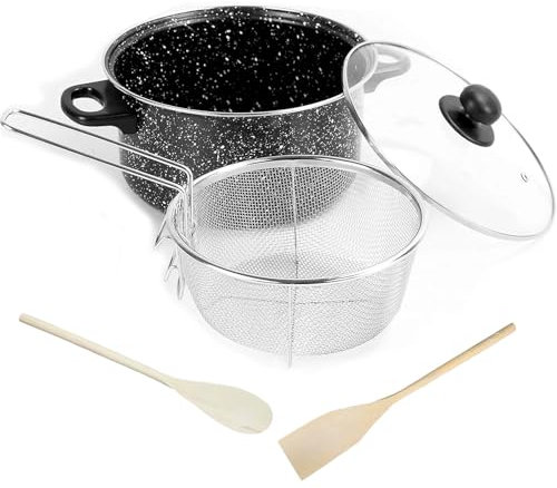 Buystarget 26cm Non Stick Chip Pan 5 Piece Deep Fat Fryer Cooking Pot Set Frying Basket Glass Lid Wire Strainer with Handle Non Stick Carbon Steel 5L Deep Frying Pan 9'' Saucepan Black Marble