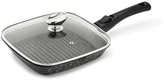 Pradel Excellence - PCUI001021 - Poêle Grill Fonte d'Aluminium Premium 24x24cm, Revêtement Anti-Adhésif Façon Pierre, Couvercle Verre, Manche Amovible, Tous Feux