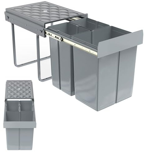 VA-Cerulean 3 Fächer Einbaumülleimer System 2x10+20 Liter, Abfallsammler Ausziehbarer Mülleimer mit Teleskopschienen, Herausnehmbare Eimer Mülltrennsystem, Grau, 48 x 34,2 x 41,8cm
