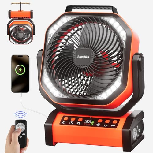 Socool Ventilator Camping Ventilator mit Licht - 20000mAh Wiederaufladbarer Akku Ventilator mit Fernbedienung, 112 Stunden und 9 Geschwindigkeiten, Digitalanzeige, Timer, Auto Oszillation