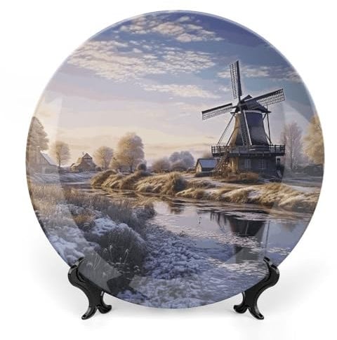 VFKLT Landschaft mit traditioneller Windmühle, bedrucktes Muster, Keramikteller, Speiseteller, Knochenporzellan, dekorative Teller mit Präsentationsständer, Kunstkeramikornamente für Wandbehang,