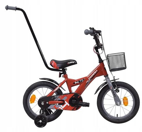 VIKAS Kinderfahrrad Fahrrad Kinder Ab 3 Bis 5 Jahre Mit Stützrädern Abnehmbarer Schubstange Fahrradklingel 14 Zoll Radgröße Korb Für Junge Mädchen Spark Rot Grau