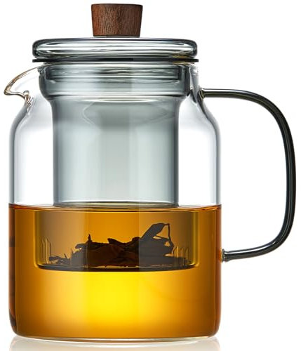 MESNEY 1000ml Glass Teapot with Infuser, Heat-Resistant Borosilicate Glass and Wooden Lid Knob. Glass Tea Pot Infuser for Loose Tea, Herbal Tea Pot