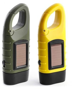 2-Pack Wind Up Torch, LED Hand Crank Rechargeable Solar Dynamo Flashlight, Portable Emergency Outdoor Camping Torch with Carabiner Hook (Green and Yellow)