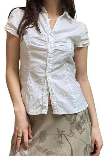 Women's Basic Button Down Blouse Shirts Short Sleeve V Neck Lapel Collar Tight Blouse Tie Up Back Slim Fit Tops Summer Office Shirt (White,L)
