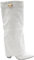 Stivali Donna Bianco a Punta al Ginocchio con para Risvolto Modello Shark Tacco Largo 12 cm Cinturino Gancio Argento (38 EU)