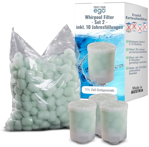 EGO3 Whirlpool Filter Set 2 1½ Zoll Grobgewinde + 10 Jahresfüllungen – ersetzt Kartuschenfilter & Whirlpool Filterkartuschen – 300gr Filterbälle – Filter Made in EU (3 Behälter + 300g Filterbälle)