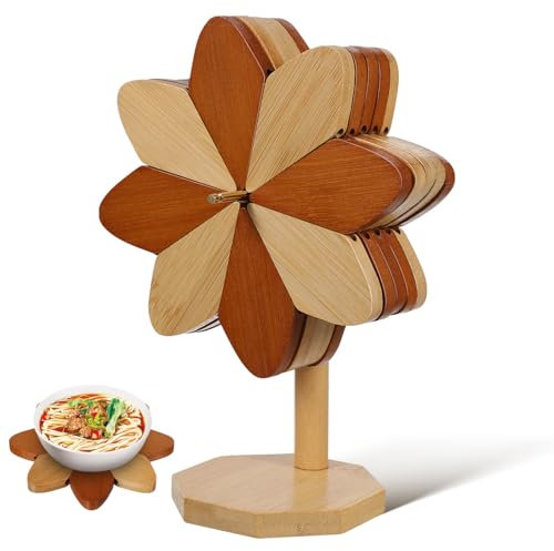 Didiseaon Trivets for Hot Pans: Windmill Shaped Trivets for Kitchen Worktops Bamboo Hot Plate Stand Table Mat Pads Coasters Set of 6 for Countertops Saucepans and Dining Tables - 5 Mats + 1 Stand