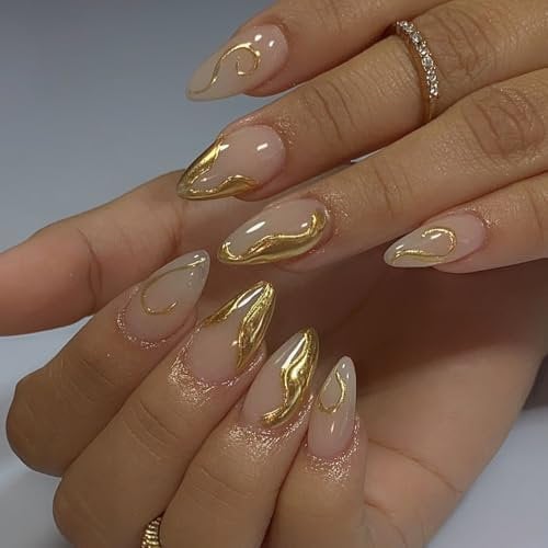 3D Handmade French Tip Press on Nails Medium Almond Shape, 24Pcs Gold Stripes Acrylic Fake Nails Glossy Elegant False Nails, Reusable Artificial Full Cover Stick on Nail for Women Girls Daily Wear