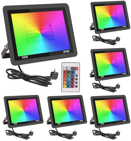 Fosingut RGB LED Strahler Außen 50W,6 Stück Dimmbar LED Scheinwerfer Mit Fernbedienung,IP66 Wasserdicht Farbwechsel Fluter Disco Partylicht Stimmungslicht für Weihnachten,Halloween,Bar,DJ,Feiern,Bühne