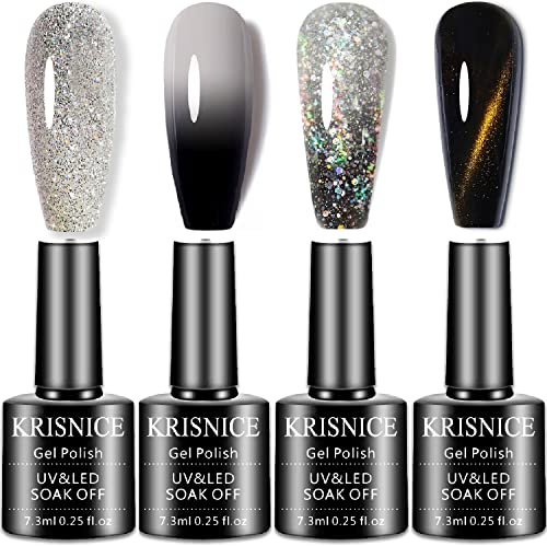 KRISNICE Farbwechselnder Gel-Nagellack Geschenkset Schwarz und Weiß Glitzer Mood Chameleon Abziehbare UV LED Thermo-Temperatur-Kunst Maniküre-Set Nagellack (CS001)
