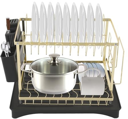 MACOJUCHI Égouttoir à vaisselle à 2 niveaux, supporte environ 15 kg, noir et doré, 42 x 30 x 29 cm