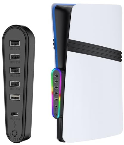 Hub USB para PS5 Pro/Slim - Adaptador de expansión 6 en 1 tipo C con luz RGB, 4 puertos de datos USB, 1 puerto de carga, 1 puerto tipo C, compatible con accesorios PlayStation 5